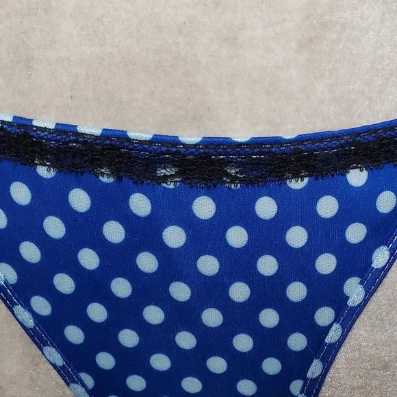 90s Vintage OOAK Handmade Blue Polka-dot Black Lace Side-Tie Triangle Bikini S - Picture 7 of 16